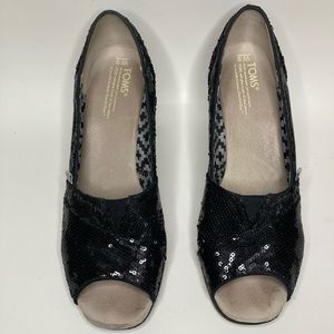 Tom’s Sequin Wedge Black Sandal Sz 9